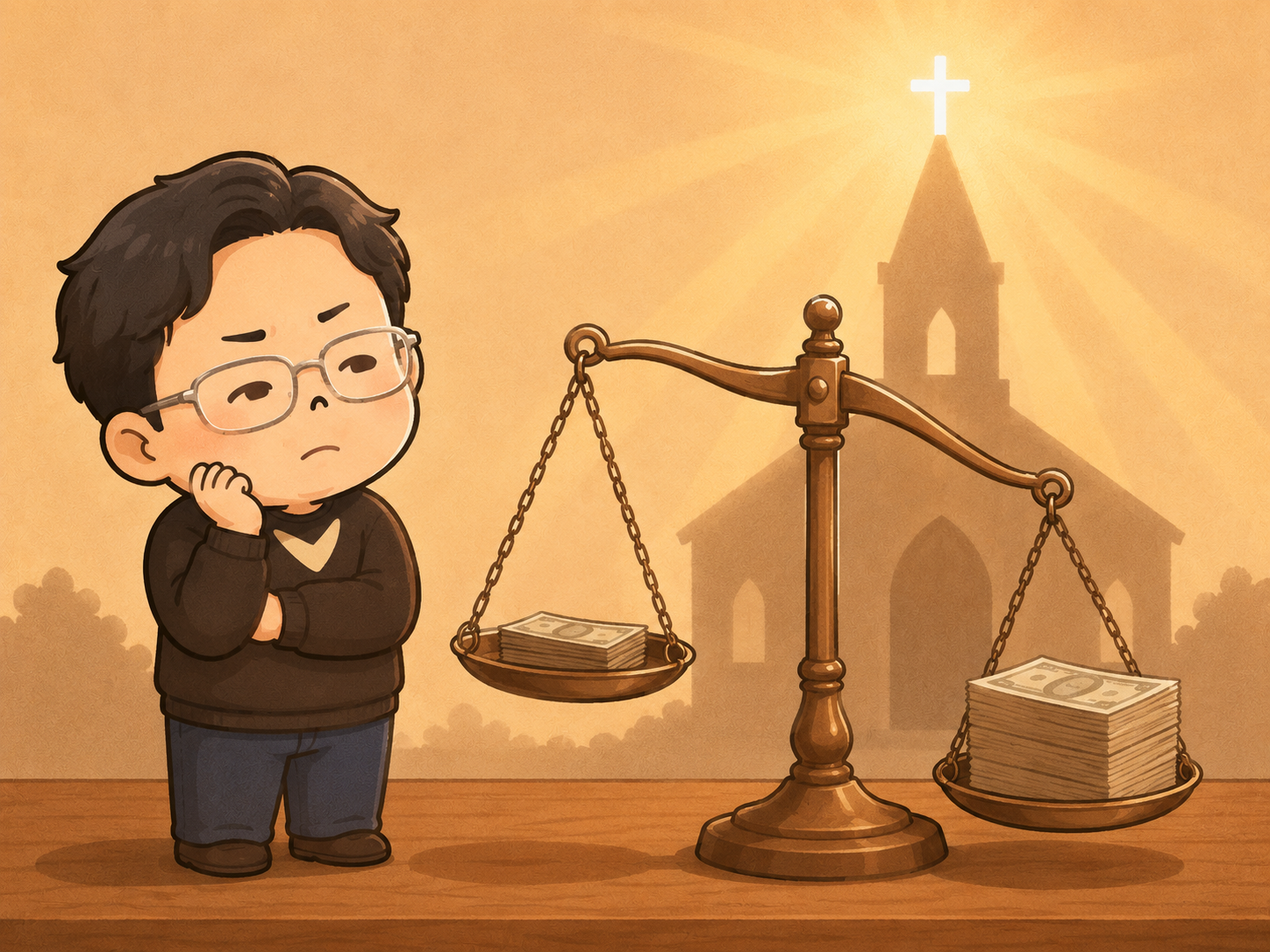 插畫：祕書長托腮看著傾斜的天平，左盤是一小疊鈔票、右盤是一大疊；背景是教會剪影與十字架柔光