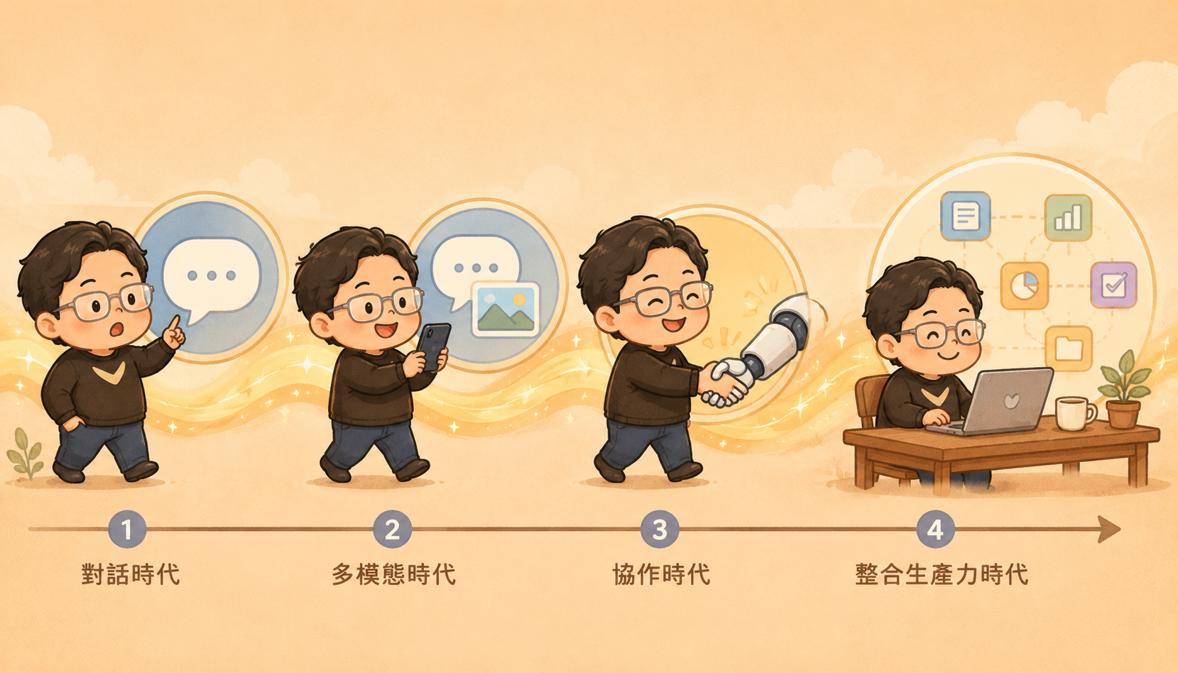 插畫：AI 演進四個時代——對話時代、多模態時代、協作時代、整合生產力時代