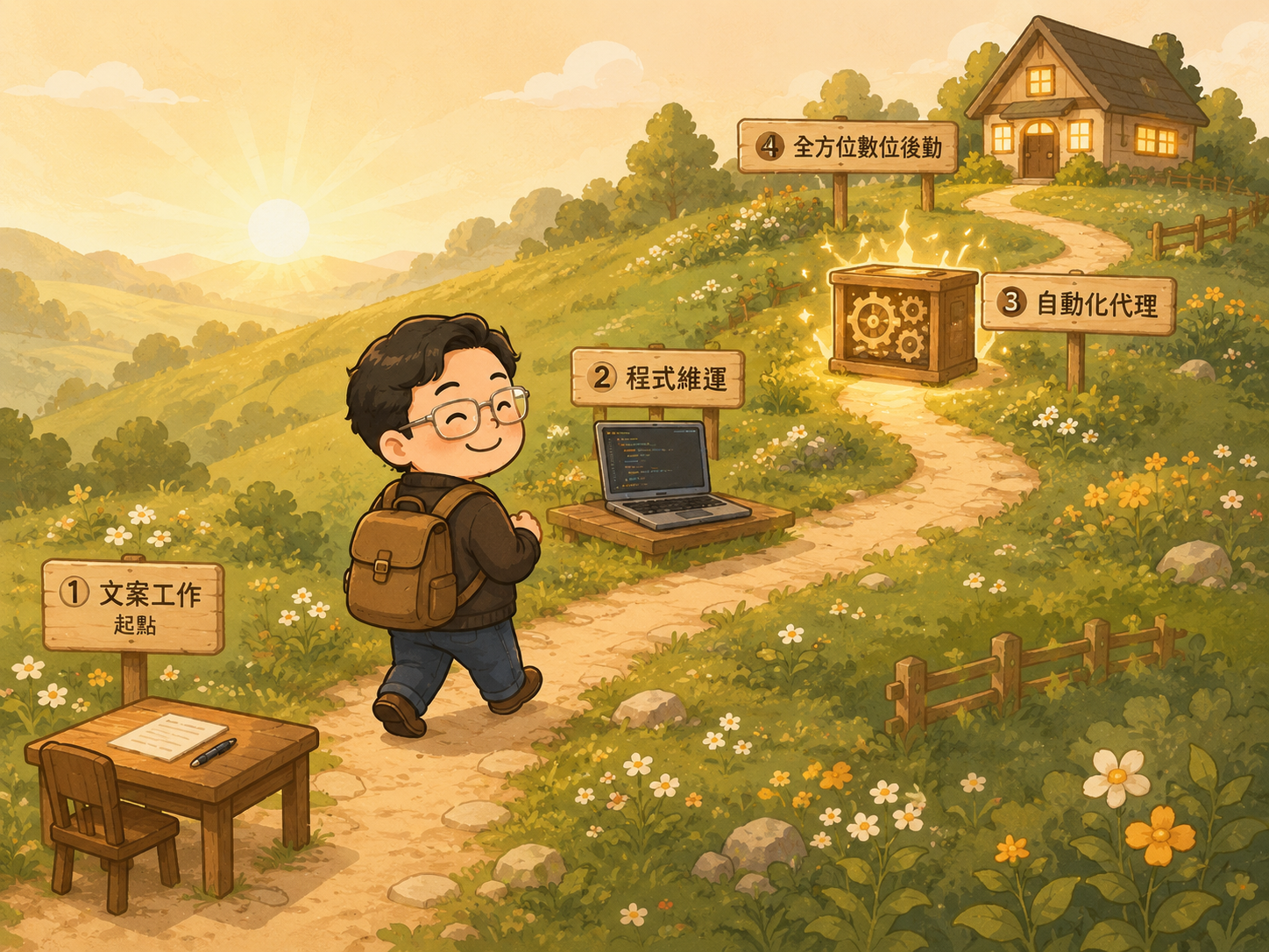 插畫：祕書長揹著小背包走在蜿蜒上升的小徑上，路邊四個驛站從文案工作、程式維運、自動化代理到全方位數位後勤