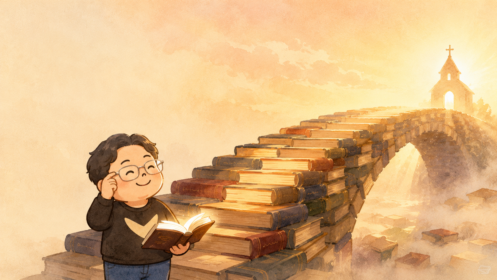 插畫：主角站在一座由書堆疊而成的拱橋前，橋通往遠方晨光中的小教堂，橋下薄霧裡還散落著更多書