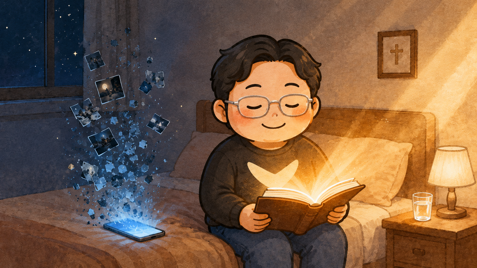 插畫:夜裡主角坐在床邊,左側手機散出破碎的冷藍色光碎片,右側他捧著的書散出完整的溫暖橙光