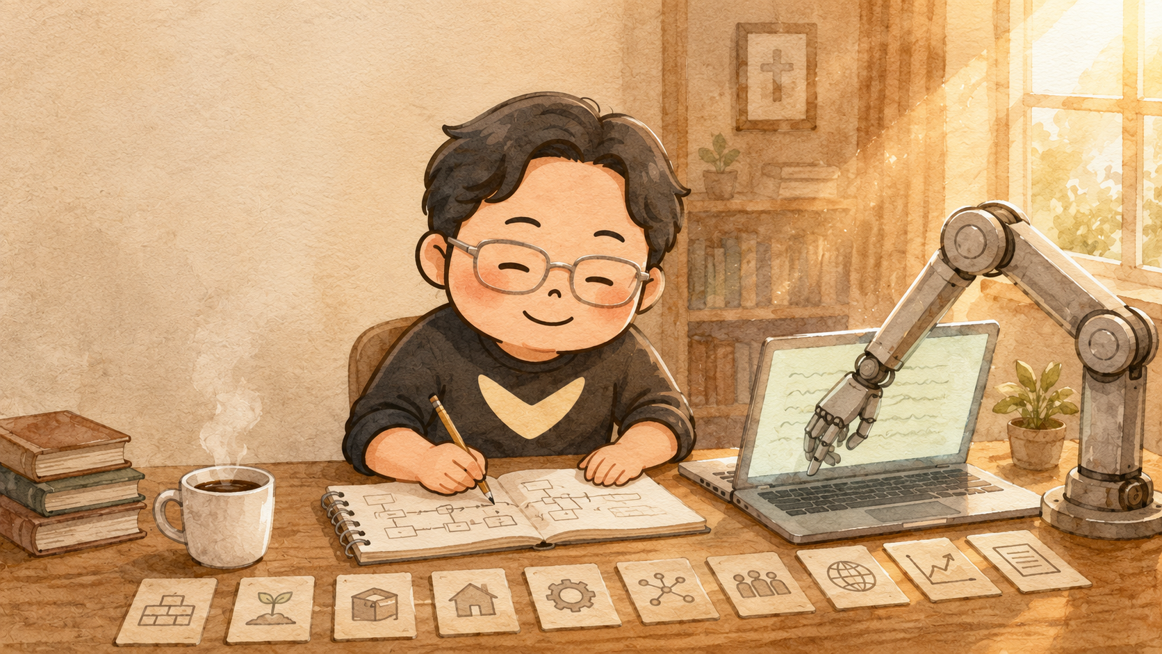 插畫:主角在書桌前用鉛筆畫流程圖,右側一隻機械手臂在筆電上打字,桌前排著十張畫有圖示的小卡