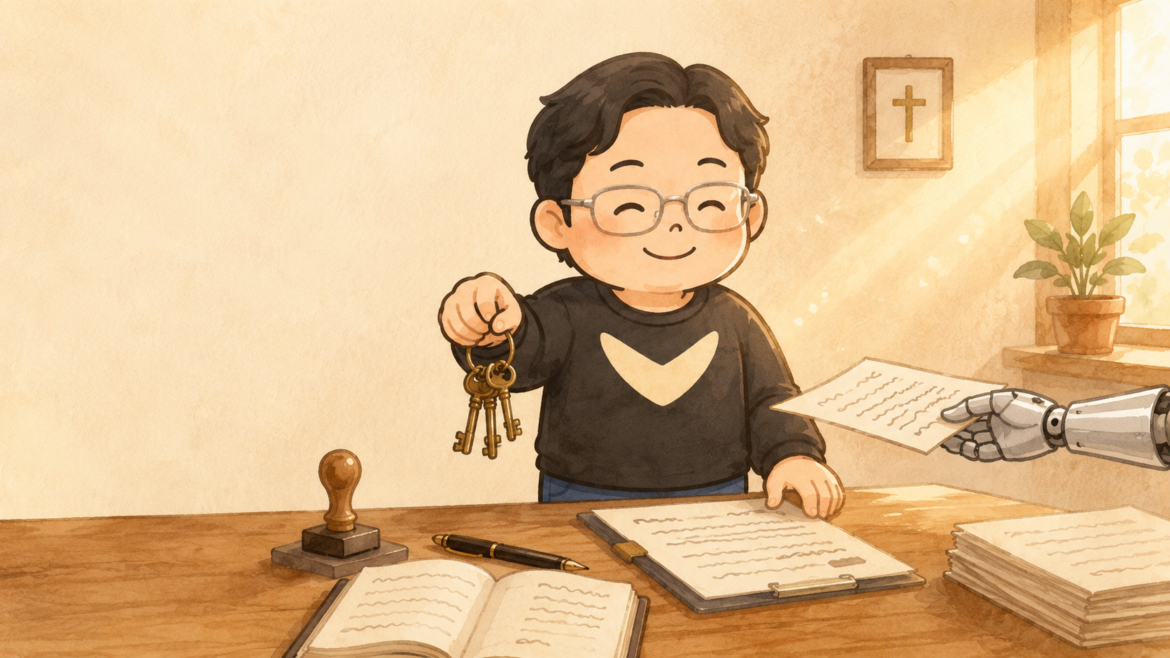 插畫:主角一手握著一串黃銅鑰匙、一手按著文件,右側機械手恭敬地遞上另一份文件