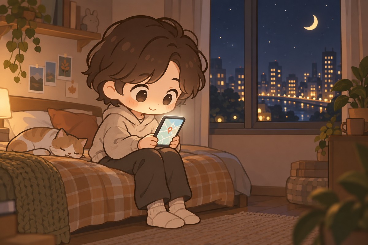 深夜裡一個人在房間看手機地圖尋找附近教會的 Q 版插圖