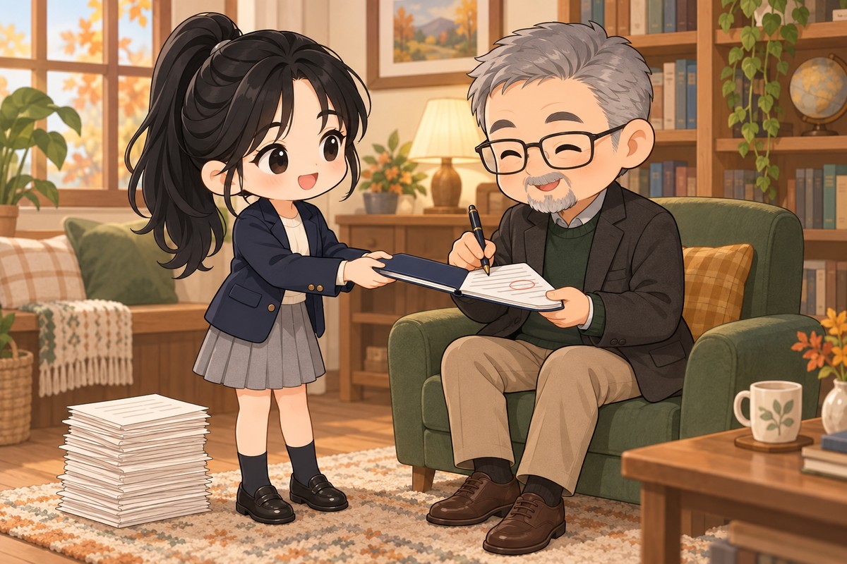 小霏遞出變薄的手冊、達叔接過來圈改的 Q 版插圖