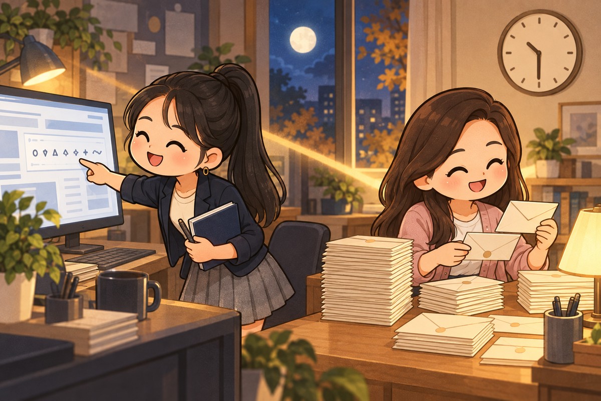 同一個夜晚小霏發現螢幕上的異常符號、小秘重新核對信封的 Q 版插圖