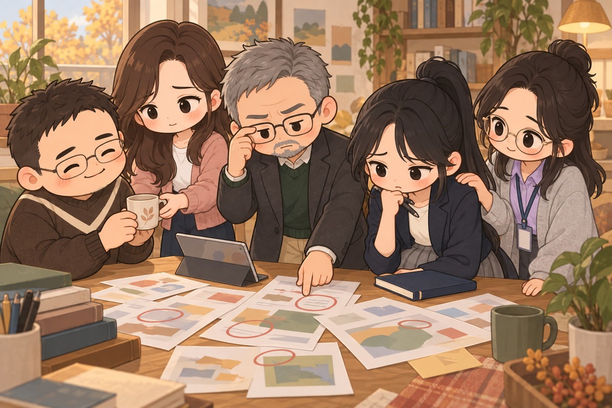 五位同工圍著畫滿紅圈的資料互相打氣的 Q 版插圖