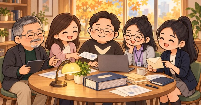 五位同工圍著圓桌一起校對教會名錄的 Q 版插圖