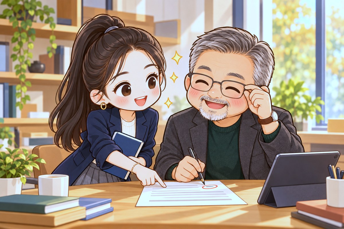 插畫:小霏指出文件上的一處錯,大蘇笑著改正