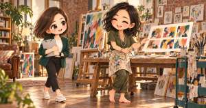 協會日常第4話封面：小甯走進小鹿畫室，兩人與六幅尺寸示意圖的Q版情境