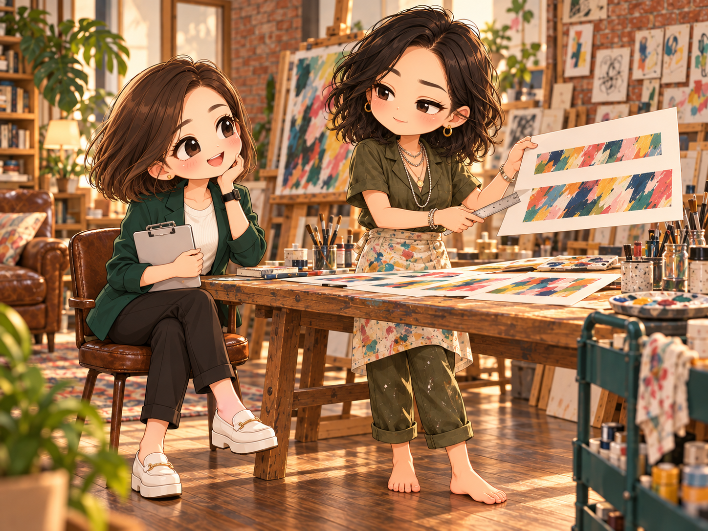 協會日常第4話插圖:小鹿拿尺說明長窄圖稿,小甯坐在畫室笑著聽便當盒的玩笑