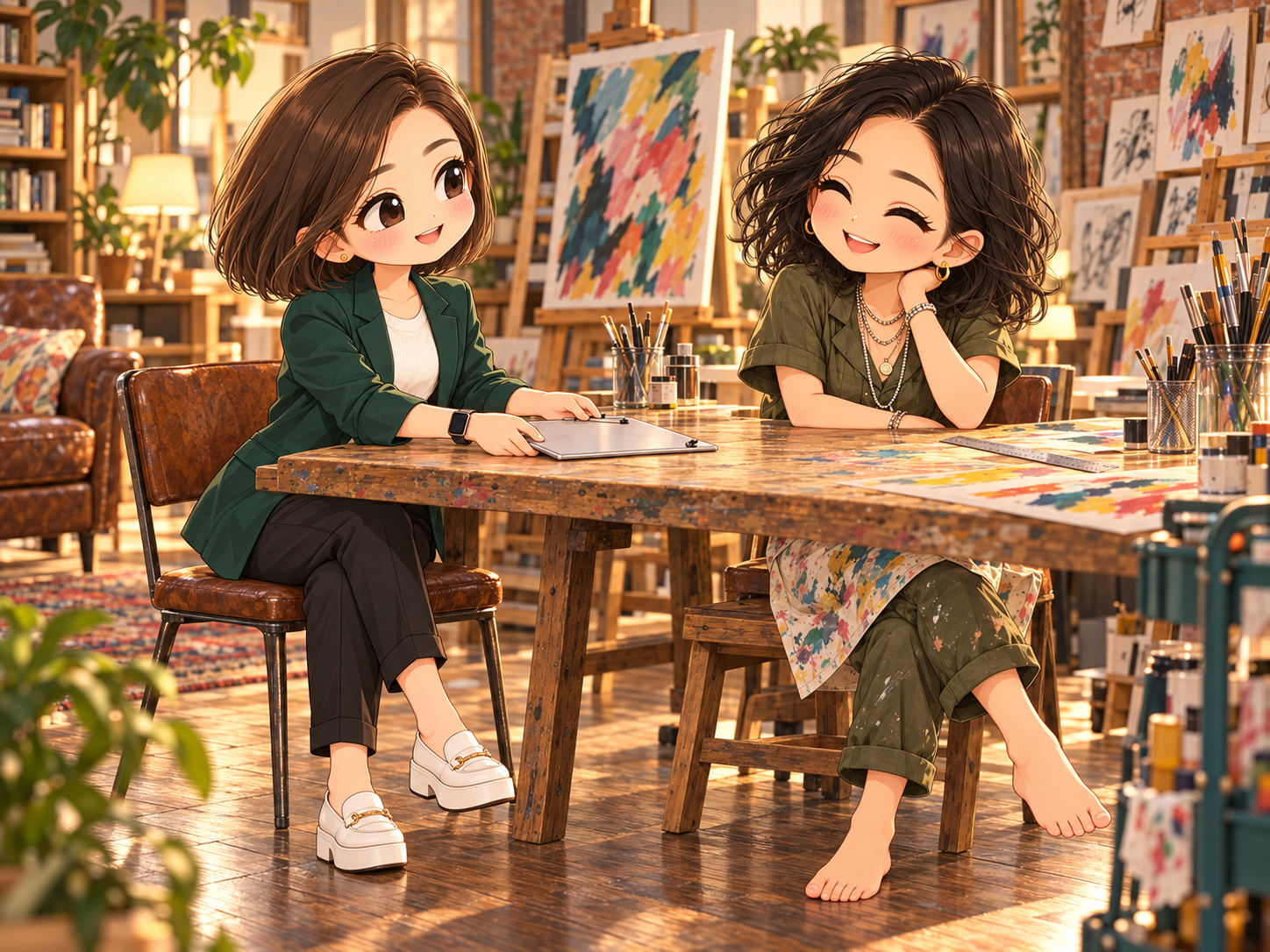 協會日常第4話插圖:小鹿放下尺,小甯將銀灰寫字板放在清出的桌面,兩人在畫室歇息