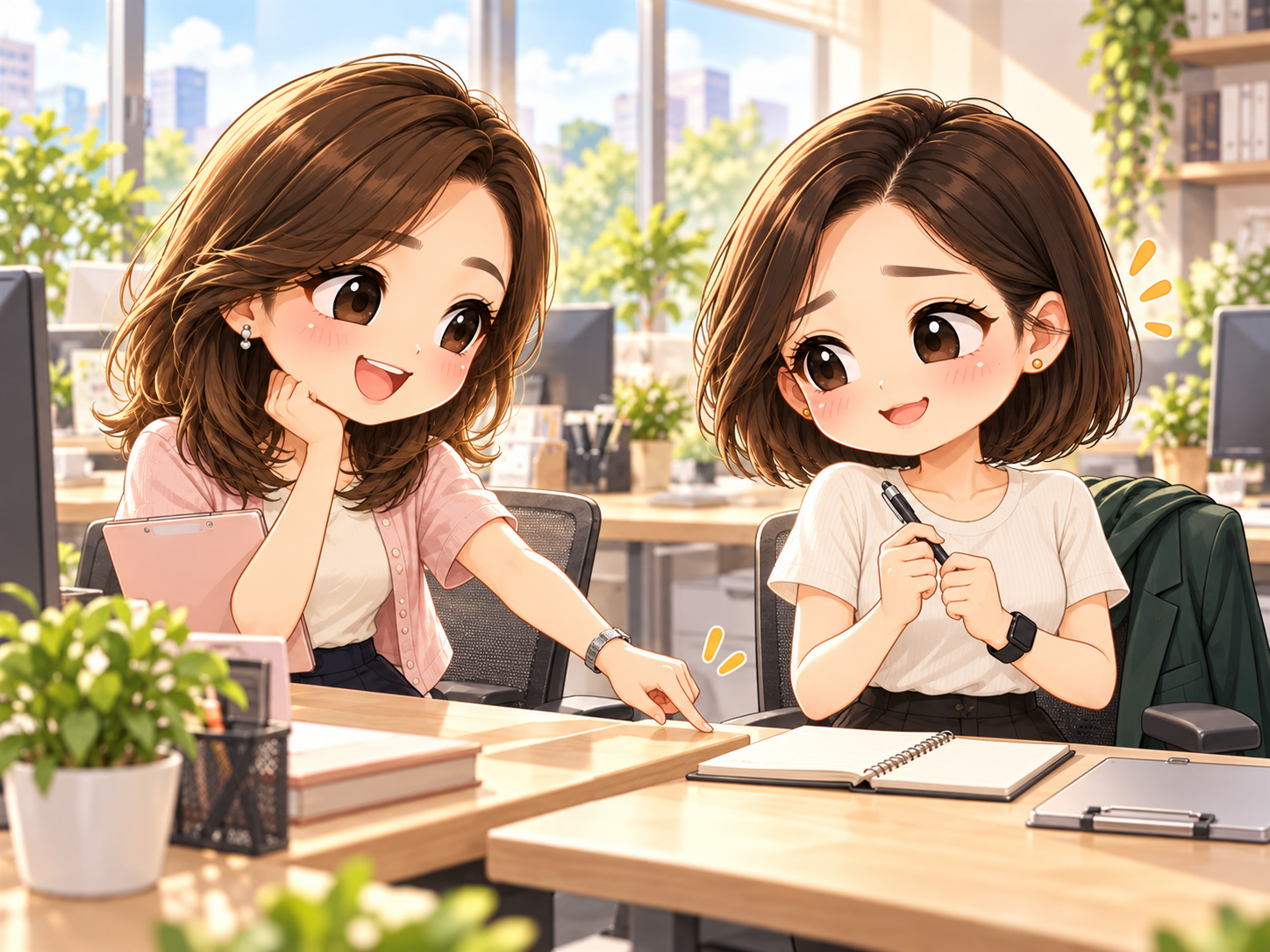 協會日常第1話插圖:Q版小甯握著筆準備記錄,小秘笑著指向桌緣,提醒她剛才筆快掉了,兩人分享第一天上班的小趣味。