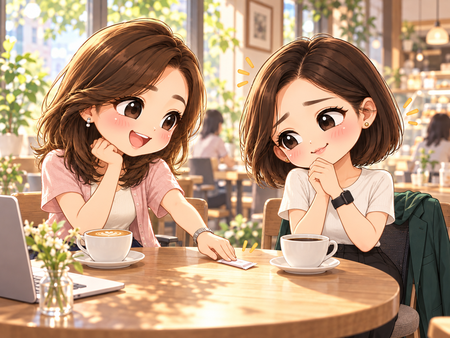 協會日常第1話插圖:Q版小秘在咖啡桌上笑著把糖包推給小甯,讓第一天上班的緊張慢慢放鬆。