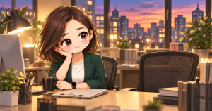 協會日常第2話封面：Q版小甯在傍晚的辦公室托著臉微笑，窗外是晚霞與城市燈光，身旁是空著的椅子。