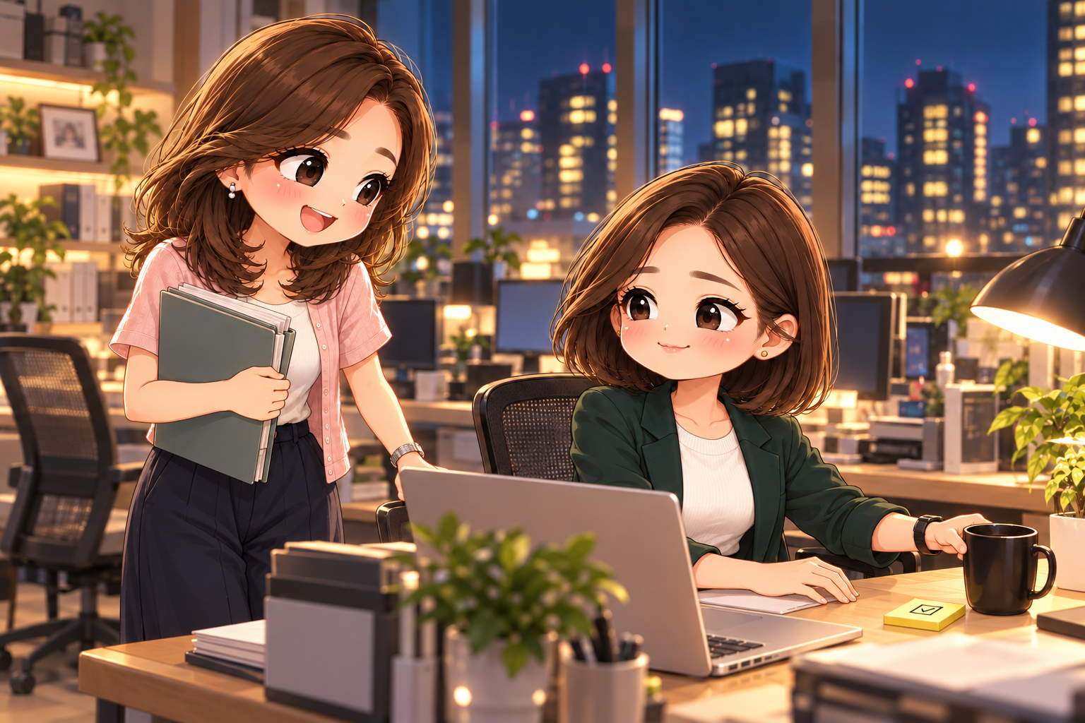 協會日常第2話插圖:夜裡的辦公室,Q版小甯把水杯放回桌角,小秘抱著資料夾笑著問她明天去咖啡店還喝不喝黑咖啡。