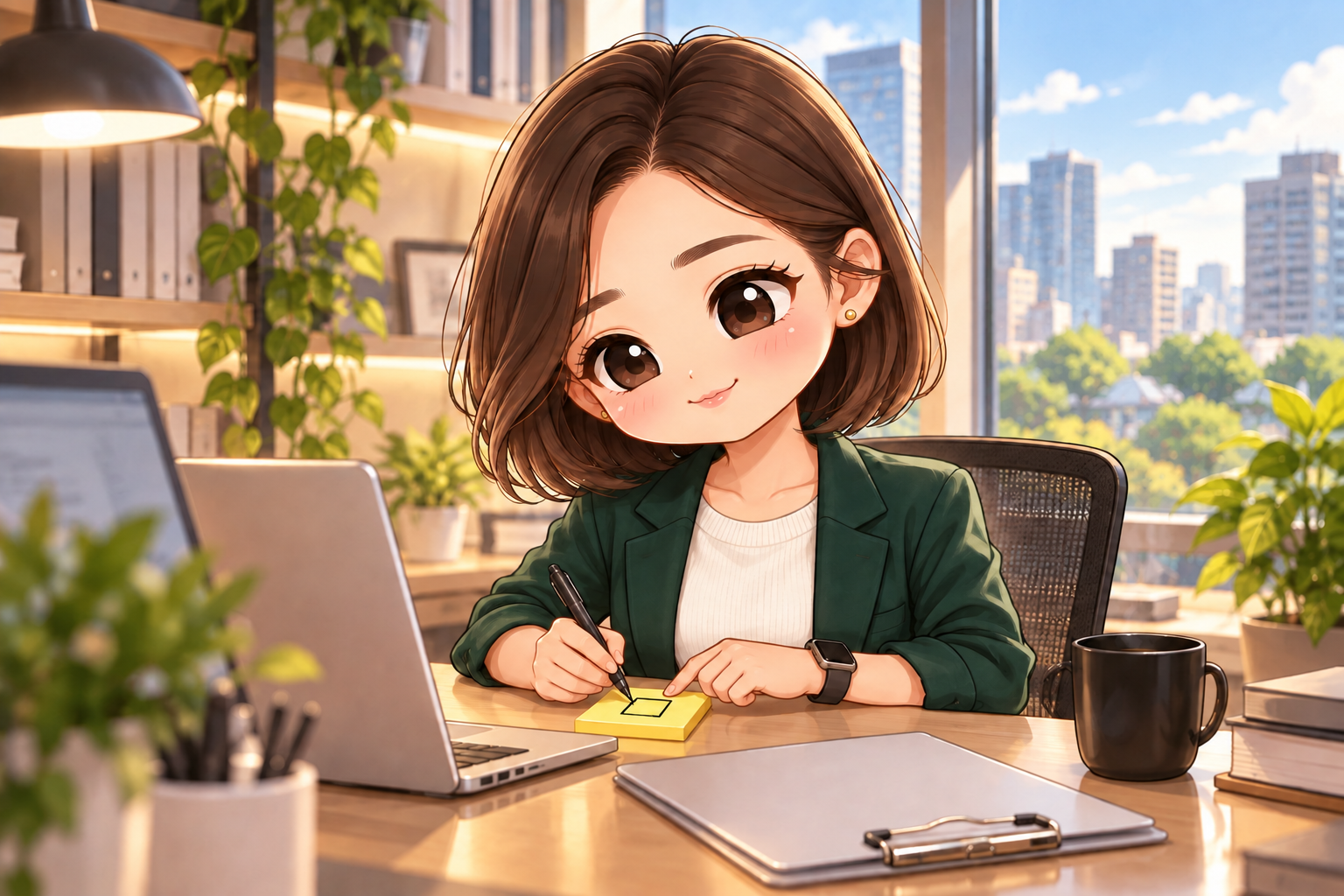 協會日常第2話插圖:Q版小甯在黃色便條上畫一個空方格,說那是留給完成的。