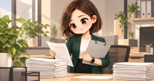 協會日常第8話：小甯在辦公桌旁整理完成紀錄與銀灰寫字板的Q版封面