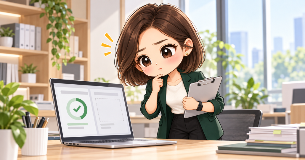 協會日常第10話精選圖:Q版小甯將筆電螢幕轉向小秘,展示成功紀錄與空白結果