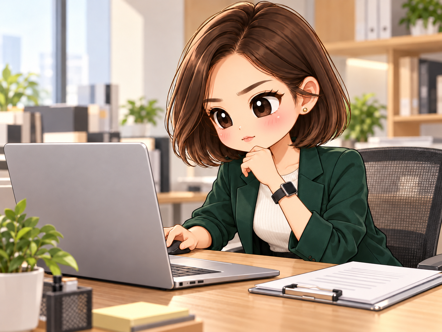 協會日常第10話插圖一:Q版小甯重新核對工作,筆電螢幕朝向使用者