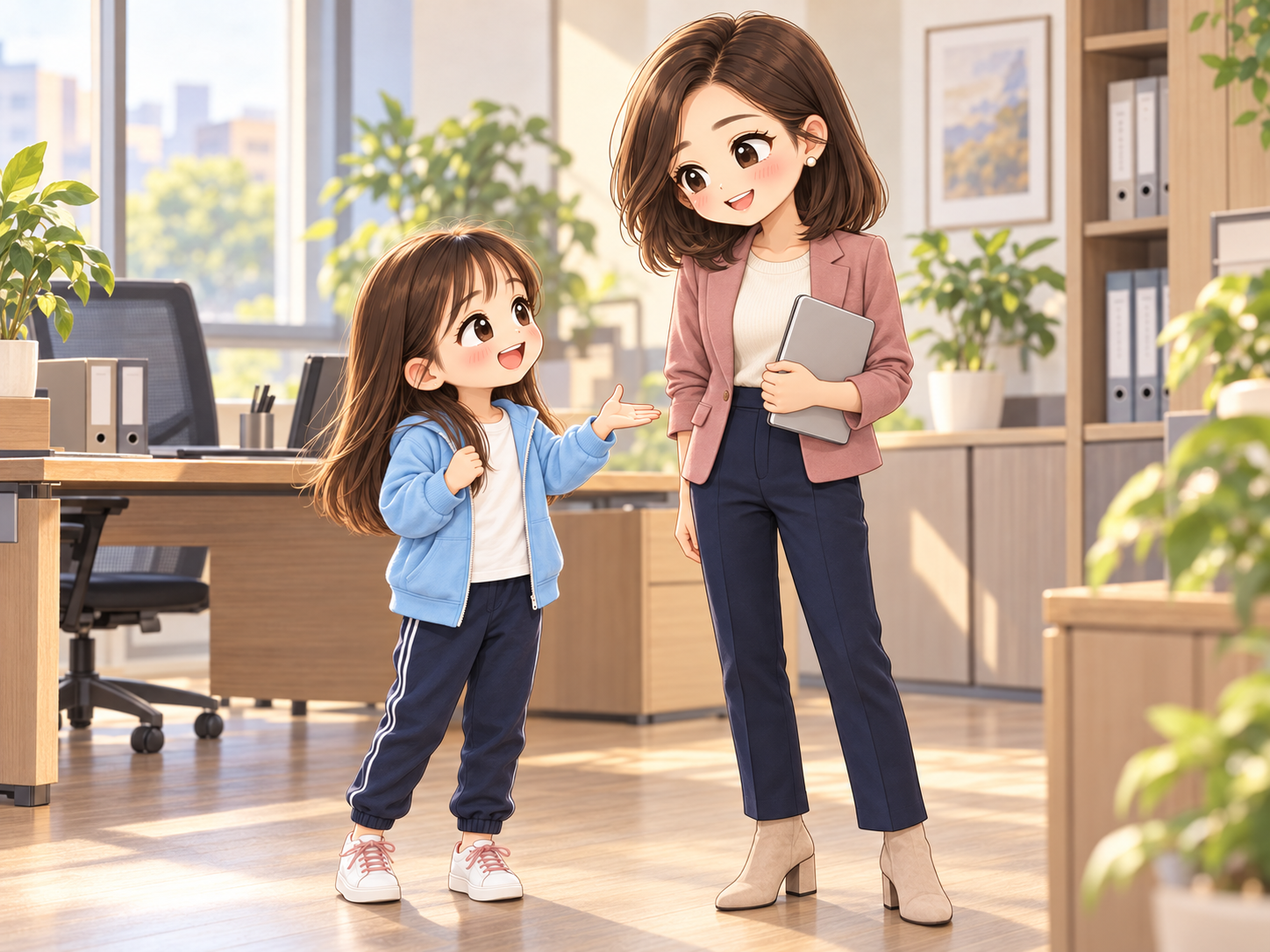 協會日常第11話,小芯興奮地說想幫媽媽,小秘接過她的銀色筆電,母女在下午辦公室交談