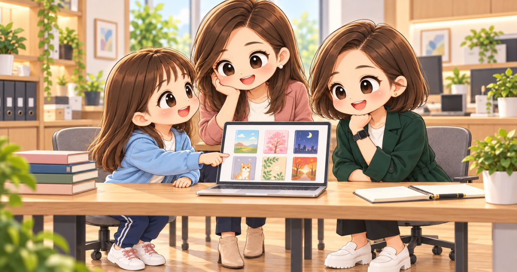 協會日常第12話,小芯向小秘與小甯展示書目清單,秋季Q版辦公室封面