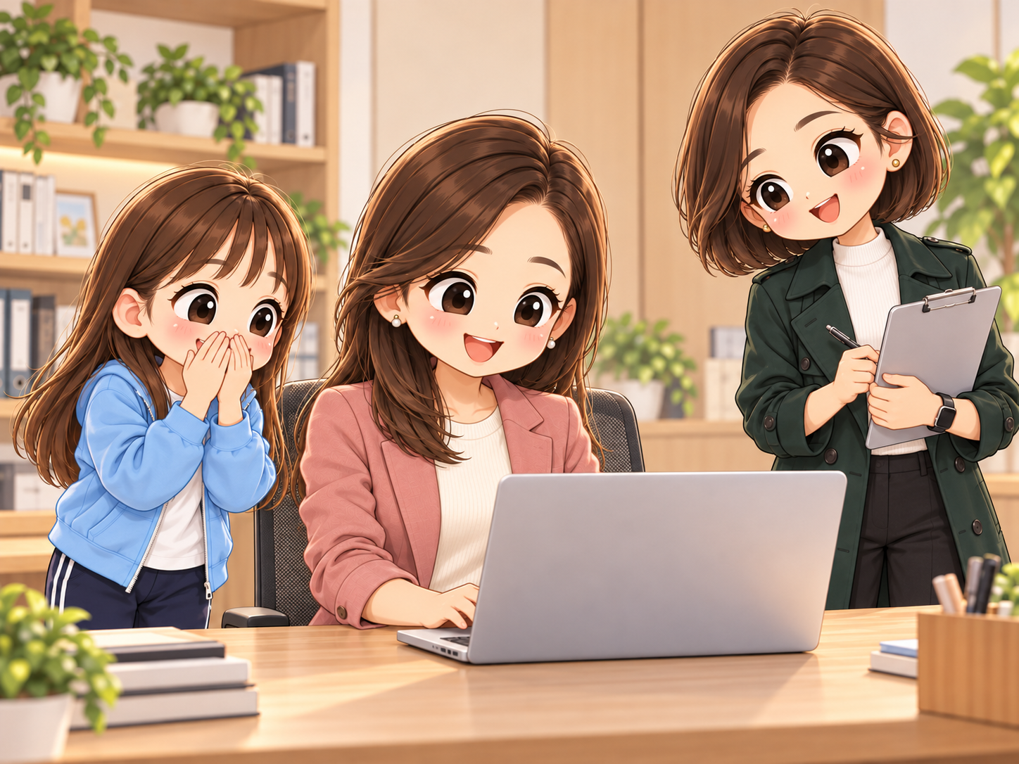 協會日常第12話,小秘自己操作筆電,小芯忍住提示,小甯在旁記錄,秋季Q版辦公室插圖