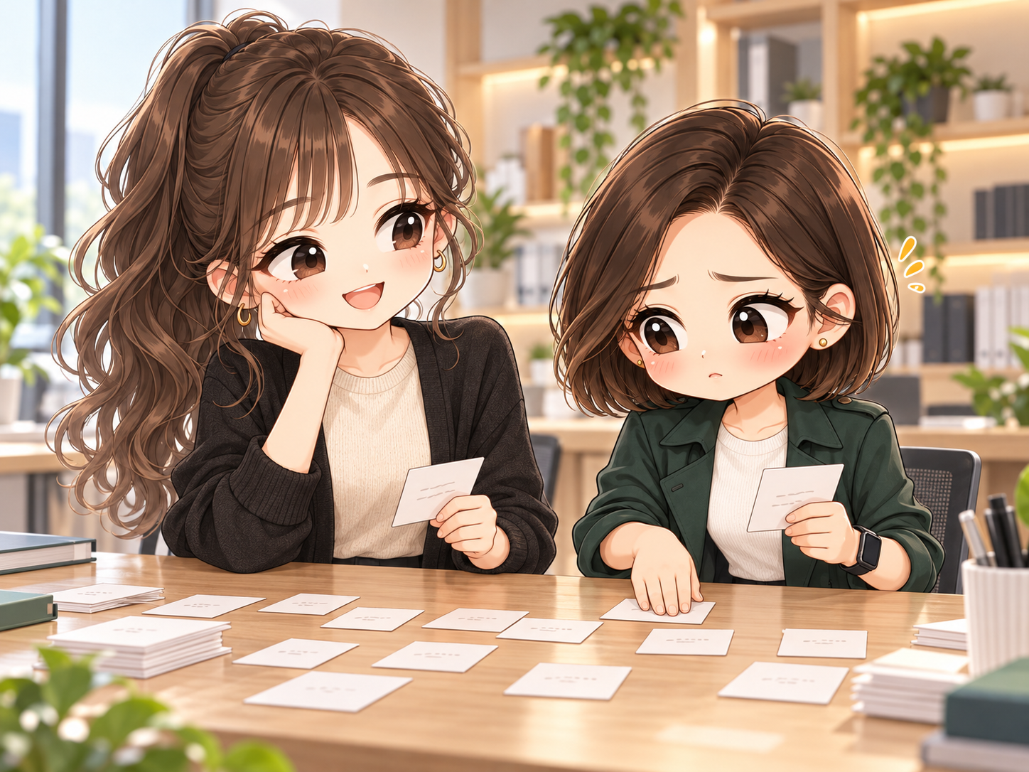 協會日常第13話,小甯用手蓋住排序紙卡,以諾兒陪她思考,秋季Q版辦公室插圖