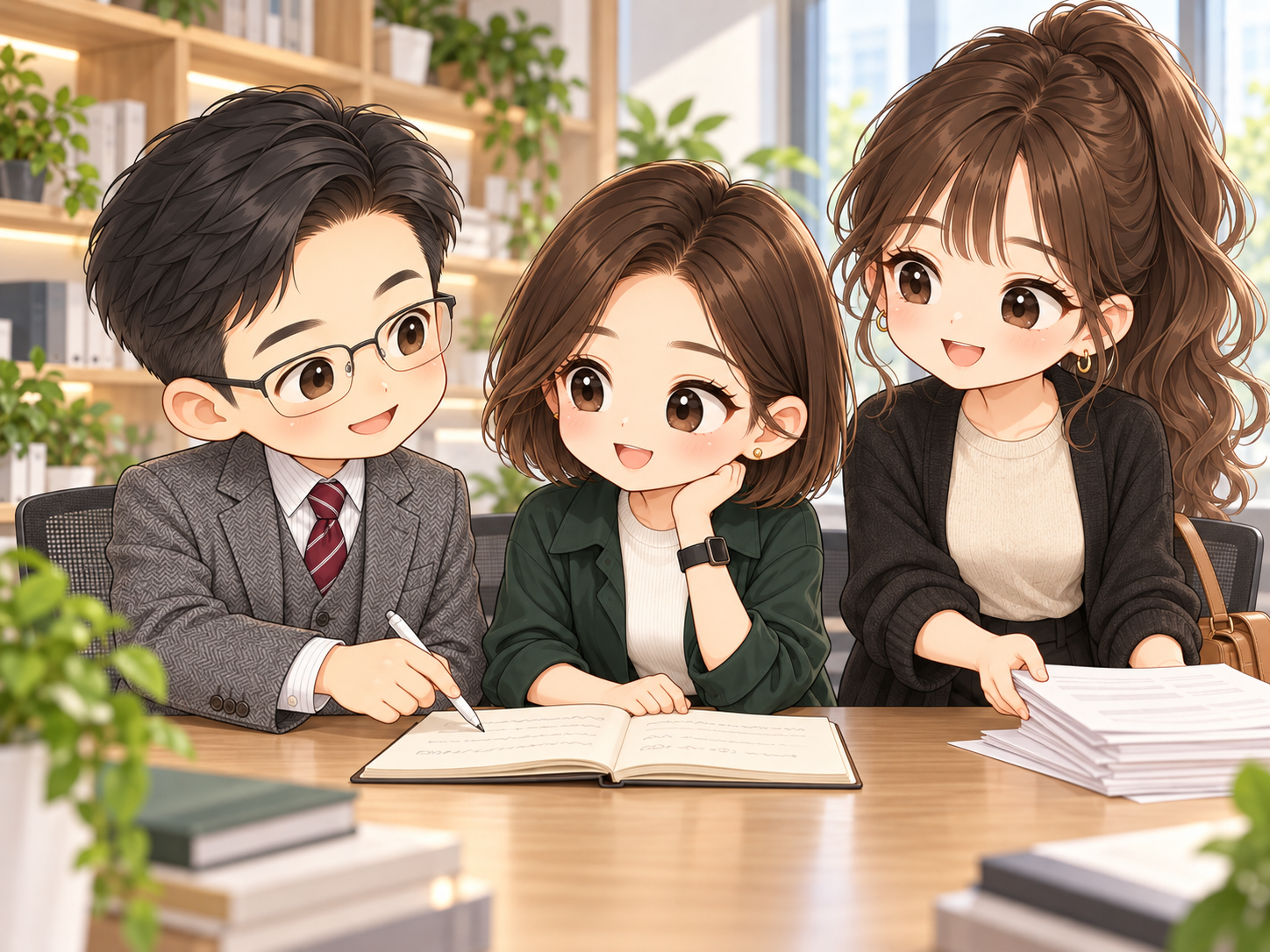 協會日常第13話,傑克指出筆記中的核對步驟,小甯記錄、以諾兒整理紙張,秋季Q版插圖