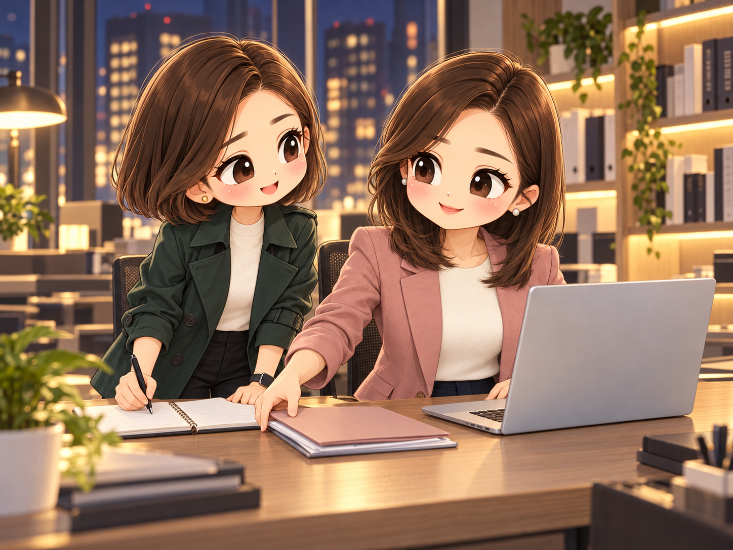 協會日常第14話,小秘挪開資料夾讓小甯記錄,筆電背面為銀色外殼,秋季Q版插圖
