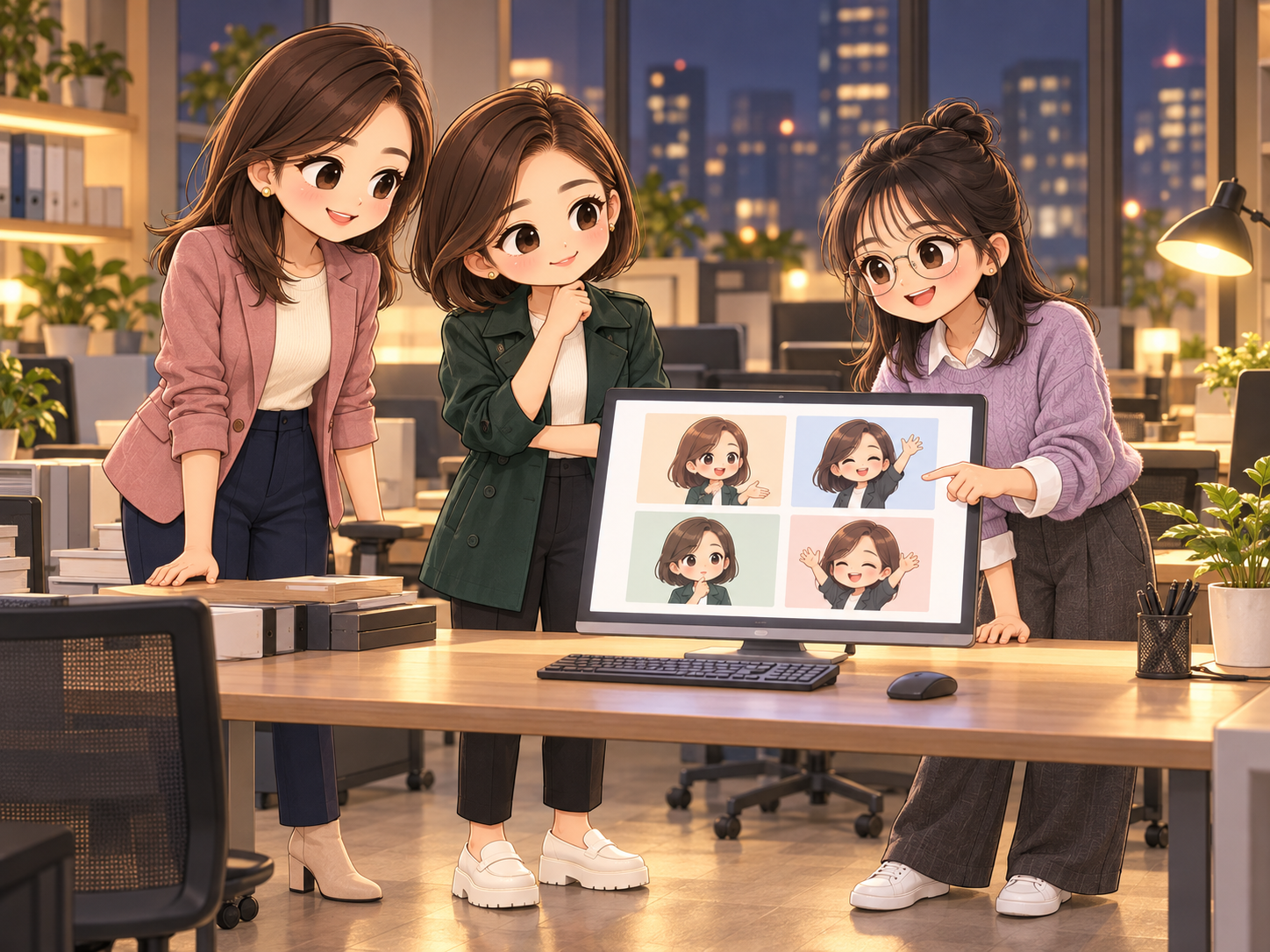 協會日常第16話，小秘找到四張手勢圖，小薇確認收到，小甯在旁核對的秋季Q版插圖