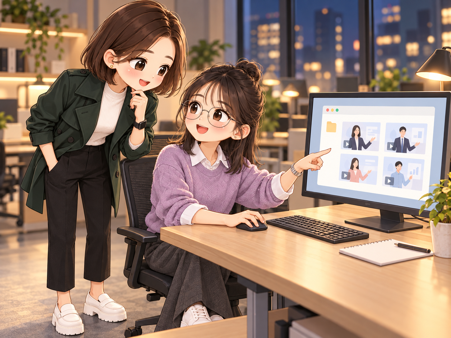 協會日常第16話，小甯與小薇一起檢查影片，確認交接位置的秋季Q版插圖