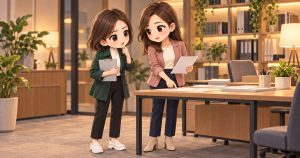 協會日常第17話，小甯與小秘討論工作改期與下一步的秋季Q版封面