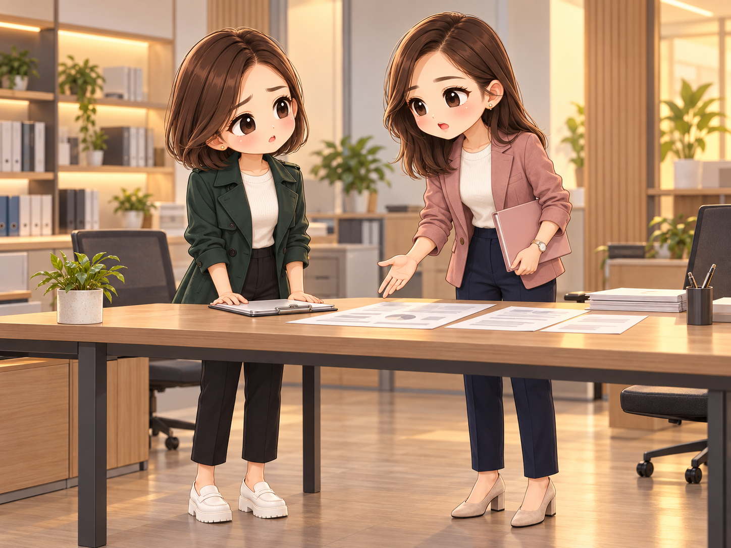 協會日常第17話,小秘讓小甯讀工作原因,兩人不同看法的秋季Q版插圖