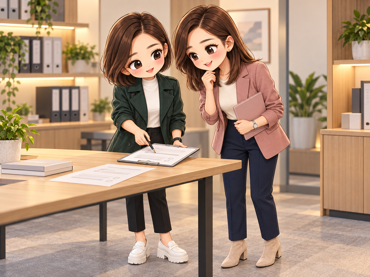 協會日常第17話,小甯與小秘和解後一起核對工作清單的秋季Q版插圖