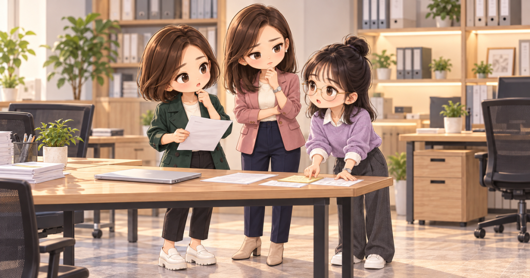 協會日常第18話，小甯、小秘與小薇核對發布與分享安排的秋季Q版封面