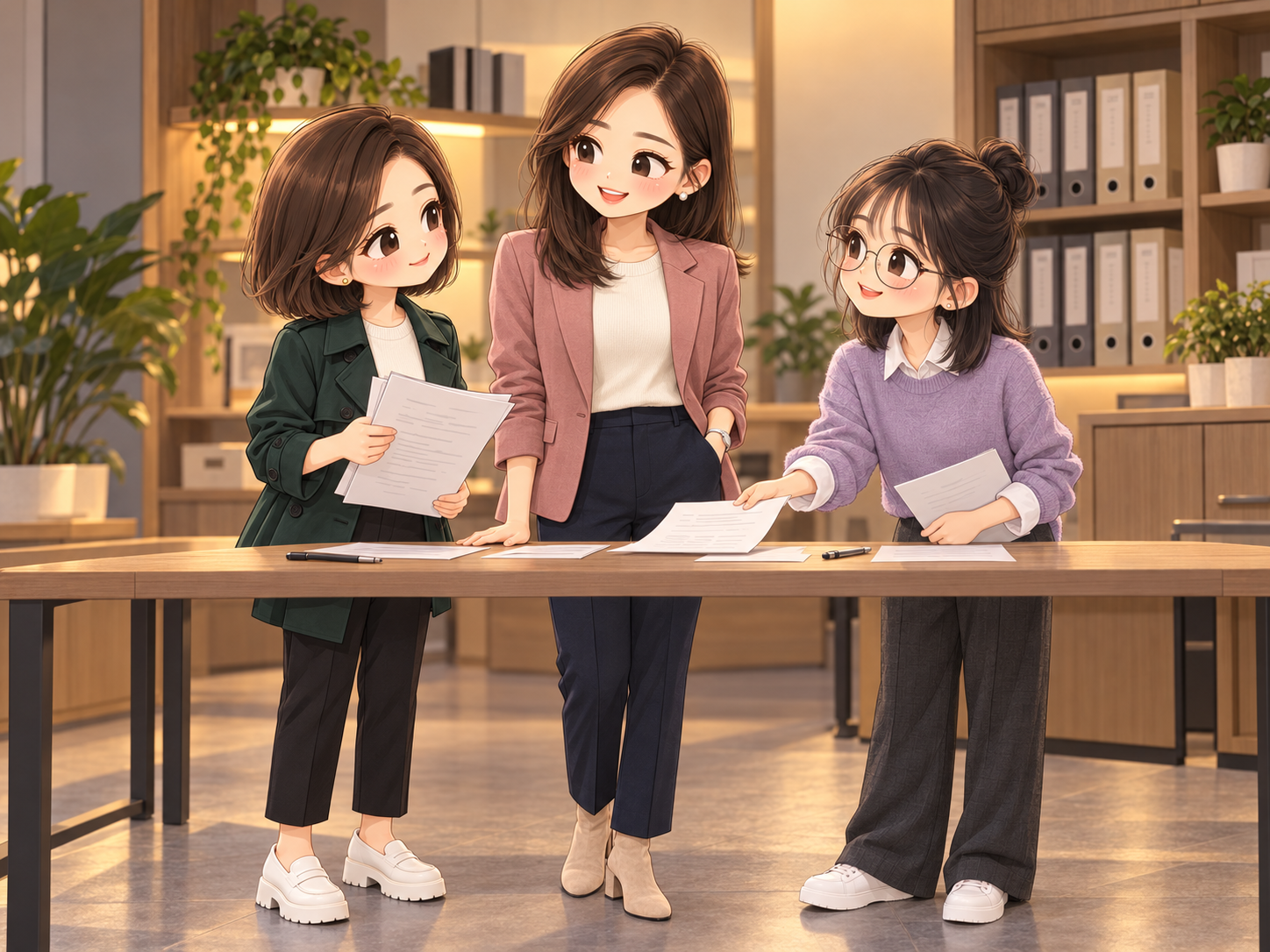 協會日常第18話，三位同事和平說開，一起確認分享的秋季Q版插圖