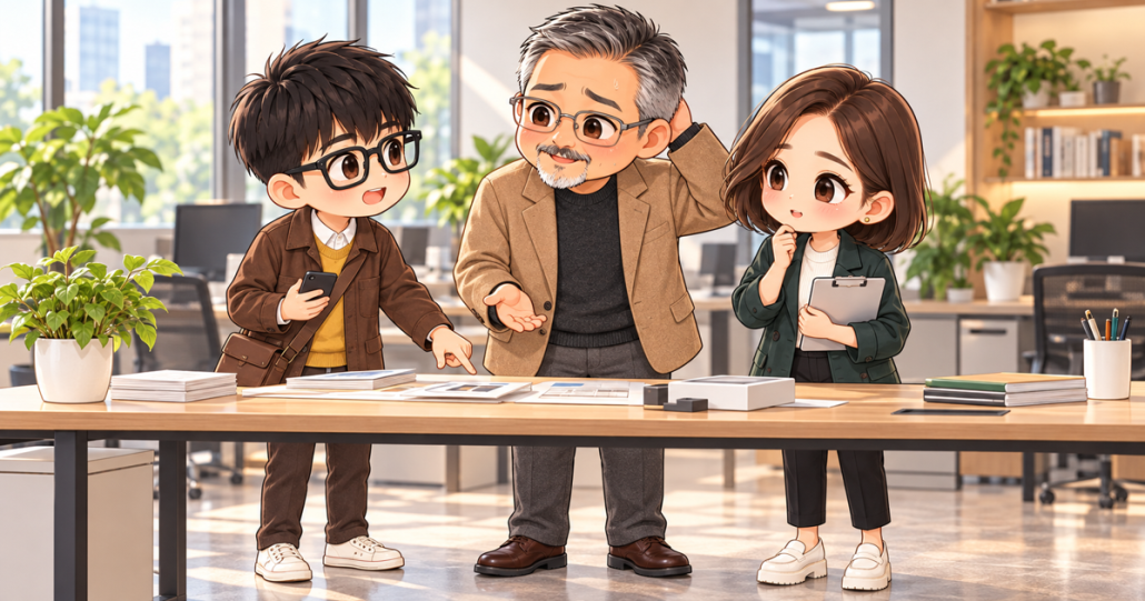 協會日常第19話，大蘇、小布與小甯核對設備管理表的秋季Q版封面