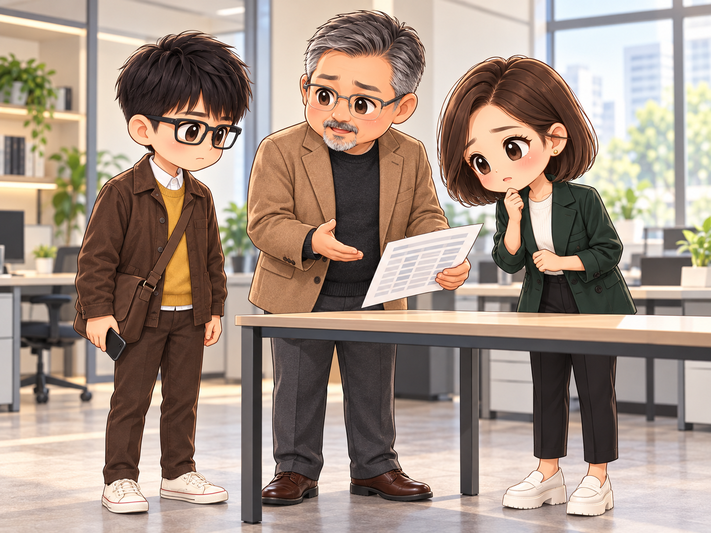 協會日常第19話，大蘇承認未先看表，小布與小甯聆聽的秋季Q版插圖