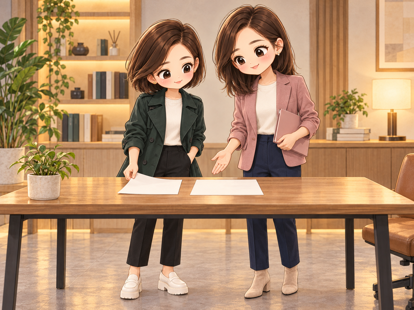 協會日常第20話，小秘與小甯和解後等待預算版本裁示的秋季Q版插圖