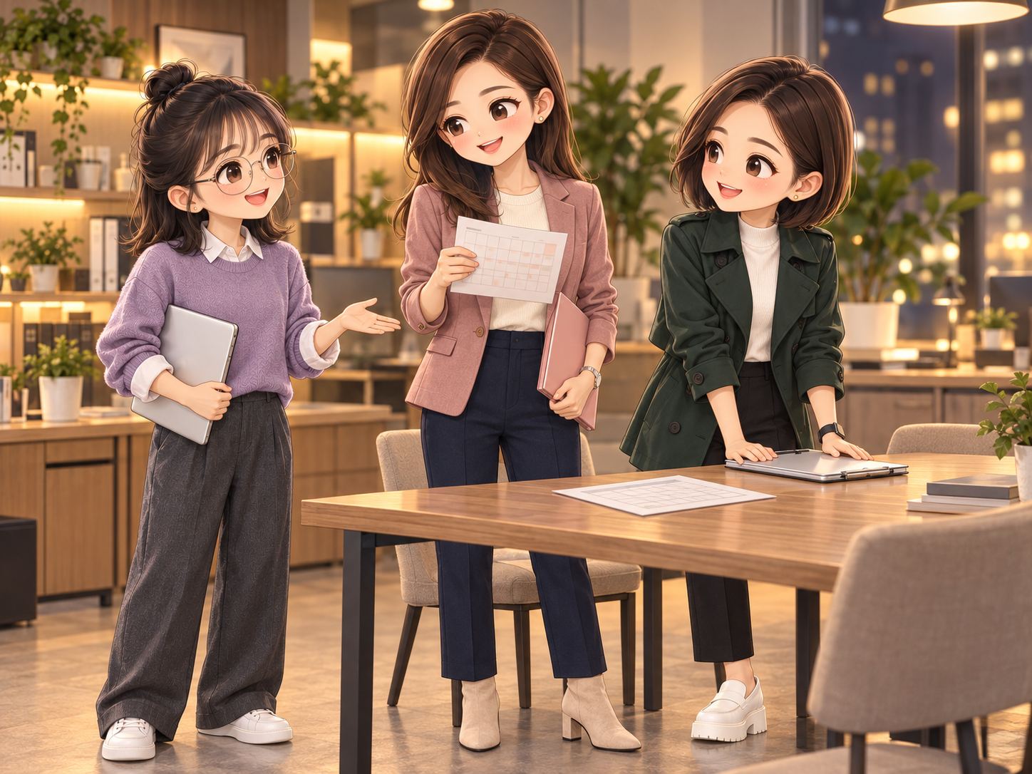 協會日常第21話,小薇、小甯與小秘和平說開後等待會員出席回覆的秋季Q版插圖