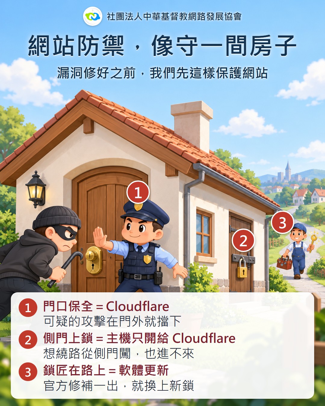 10月22日發布的網站防禦公告圖：門口保全、側門上鎖、鎖匠在路上