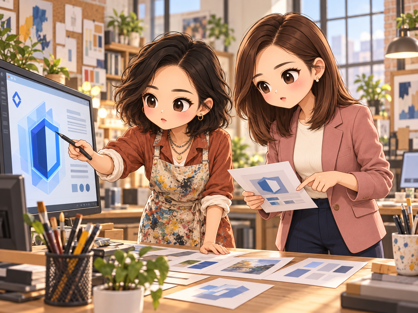 協會日常第23話，小秘與小鹿核對資安公告圖的秋季Q版插圖
