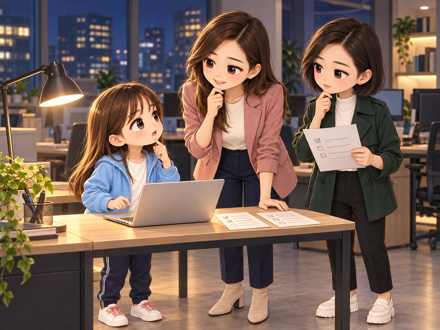 協會日常第23話，小芯與小秘、小甯討論仍待完成的換版測試的秋季Q版情境插圖