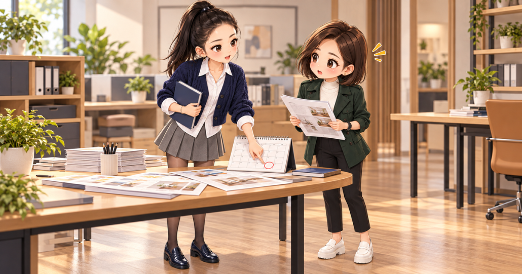 協會日常第25話，小霏與小甯面對名錄交稿期限的秋季Q版封面