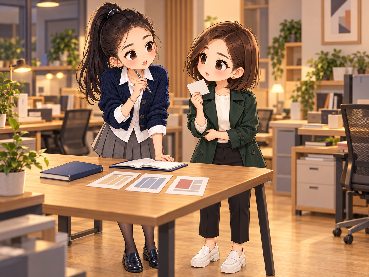 協會日常第25話，小霏與小甯等待排版欄位規格確認的秋季Q版情境