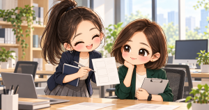 協會日常第3話封面，小霏拿深藍筆記本與筆，和小甯在辦公桌旁微笑談方格