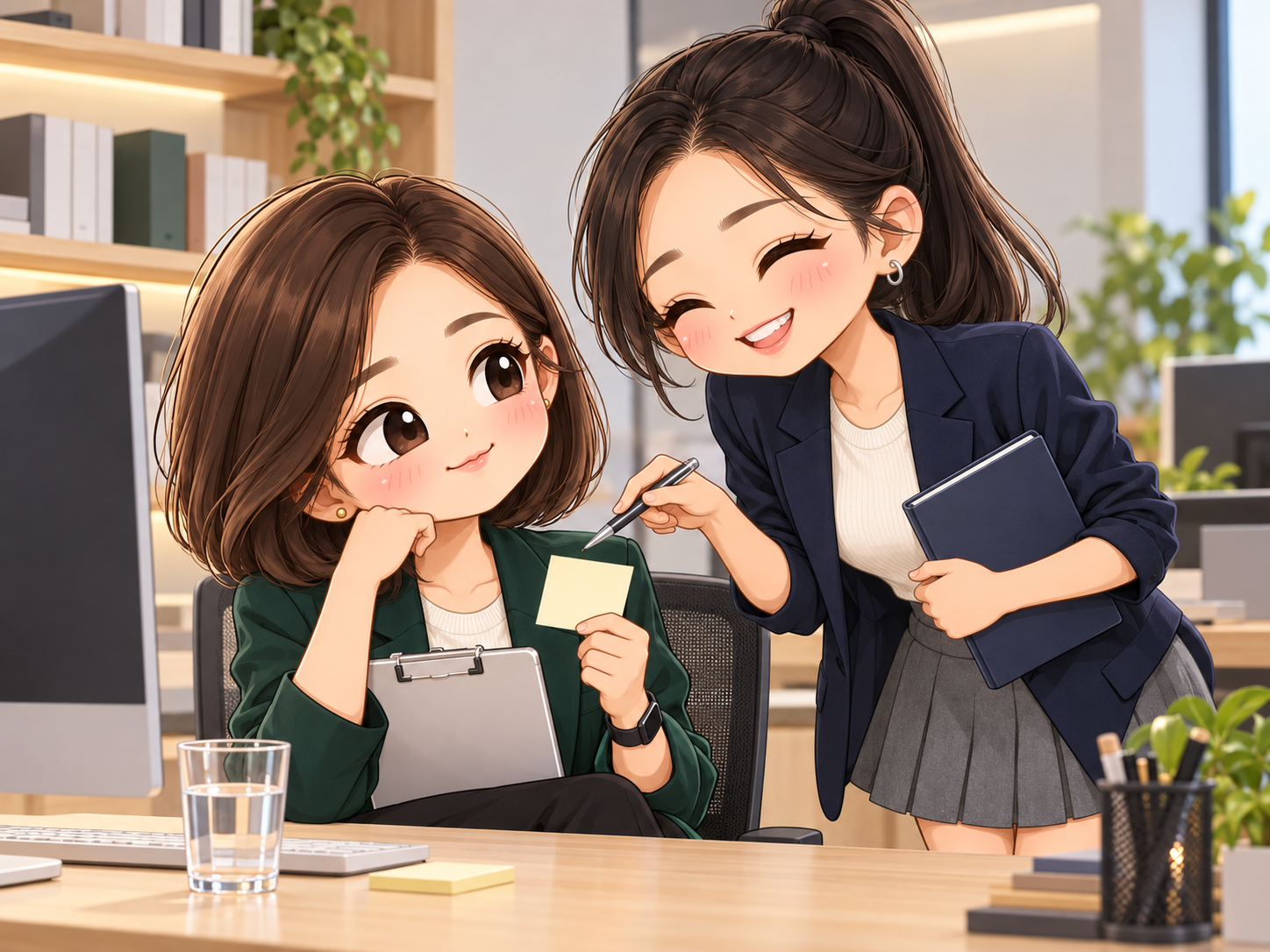 協會日常第3話插圖,小霏笑著用筆指向小甯的便條,兩人在辦公室認識彼此