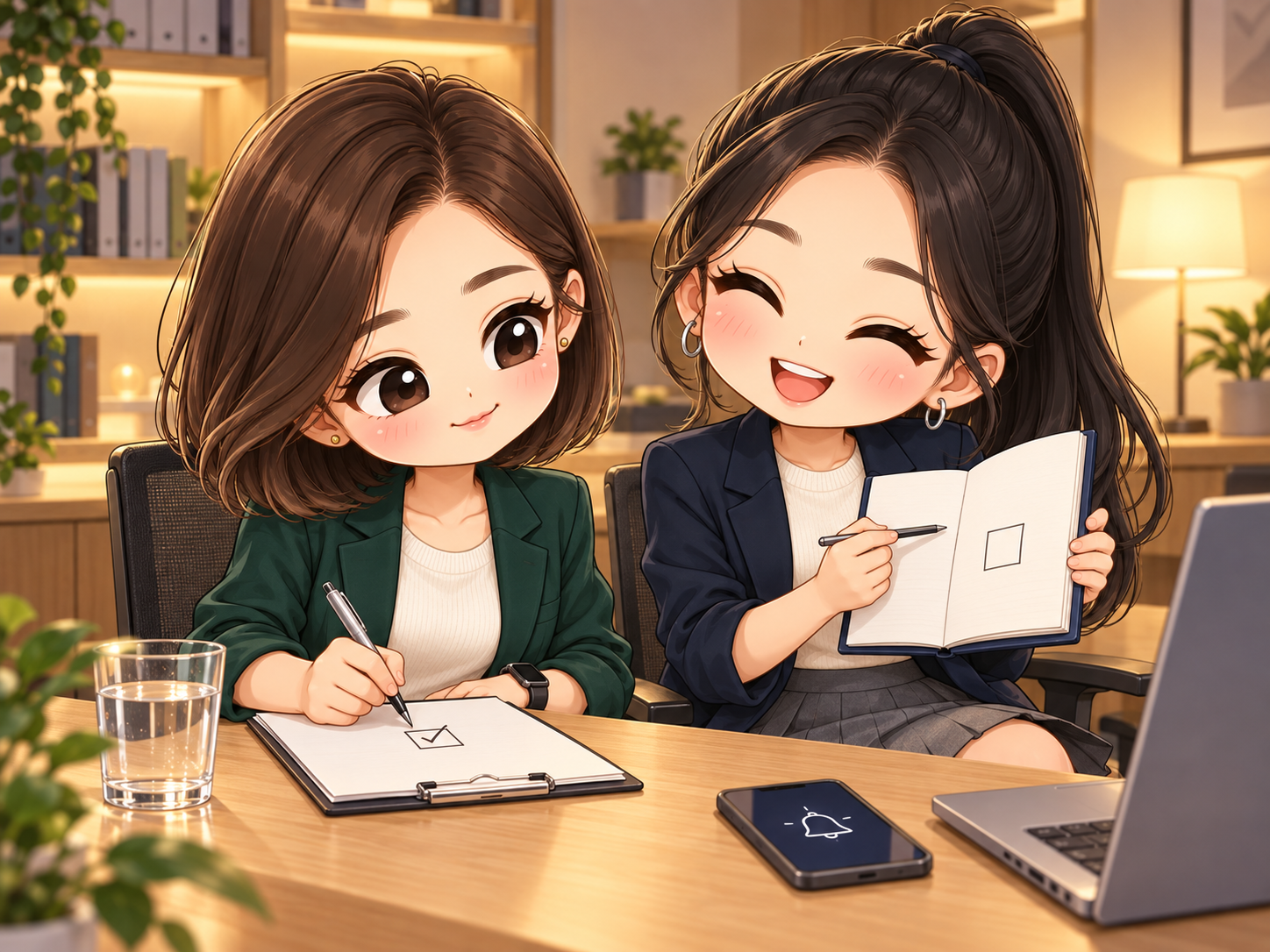 協會日常第3話插圖,小霏與小甯在晚間並肩畫方格,桌上手機顯示提醒鈴聲