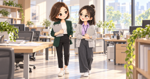 協會日常第6話，小甯與戴圓框眼鏡的小薇站在辦公室談稿，小甯略高，小薇抱著銀色筆電
